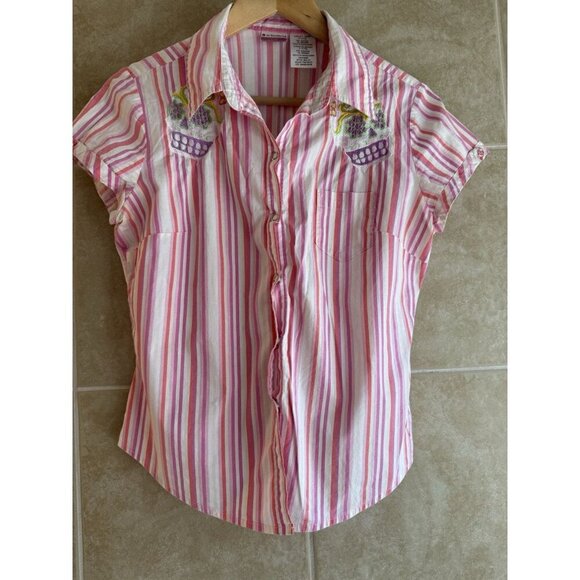 No Boundaries 90s Y2K Pink Striped Embroidered Skeleton Skull Button Down M/L - Picture 3 of 16